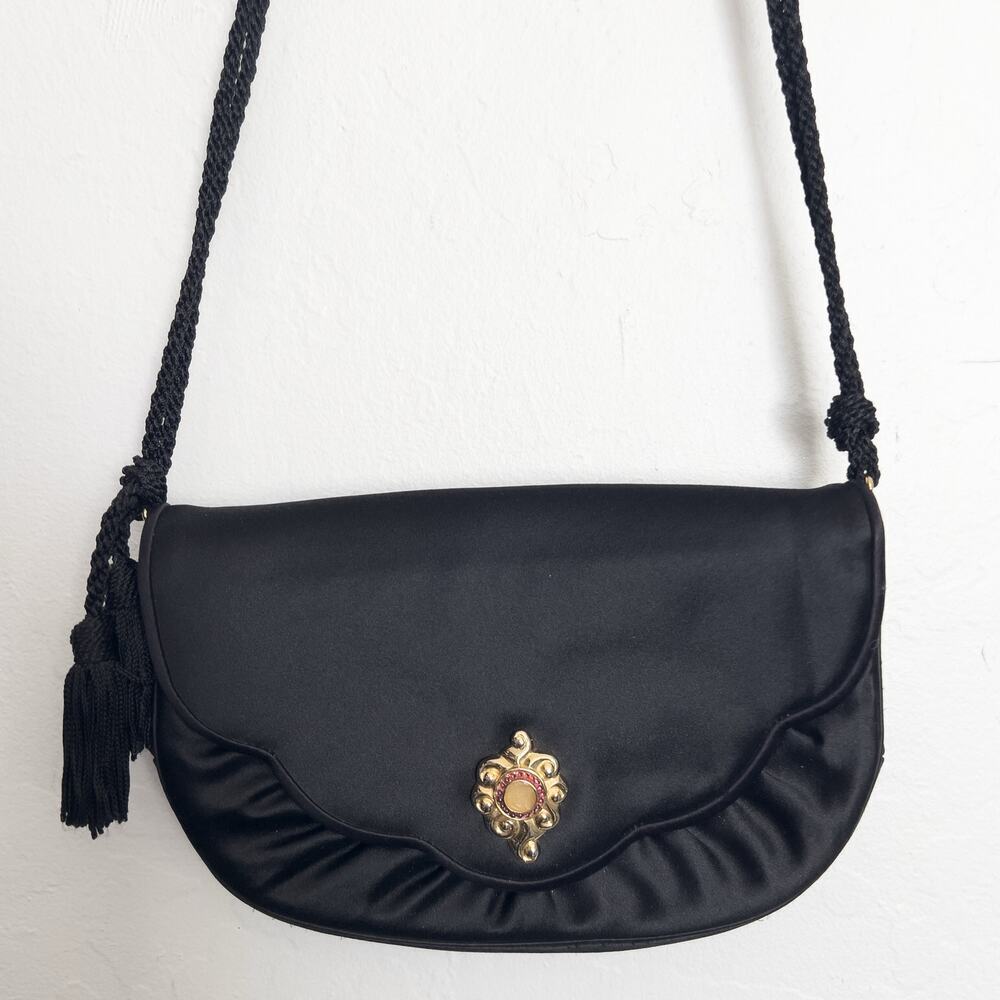 Judith Leiber Black Satin Crossbody Bag with Gold-Tone Accent